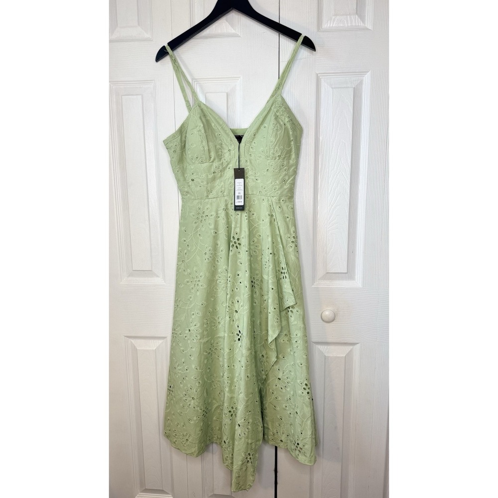 BCBGMAXAZRIA Serenity Eyelet Midi Dress 8 NWT Asymmetrical Green Smoky $368
